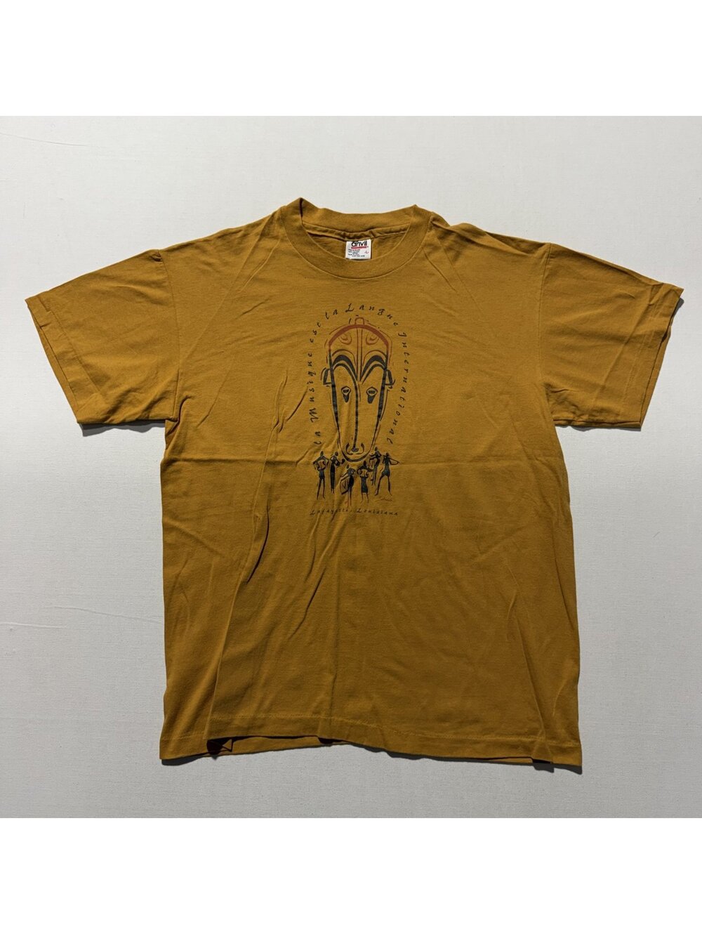 Vintage Anvil Mustard Yellow Lafayette Louisiana Music Graphic Tee 90s